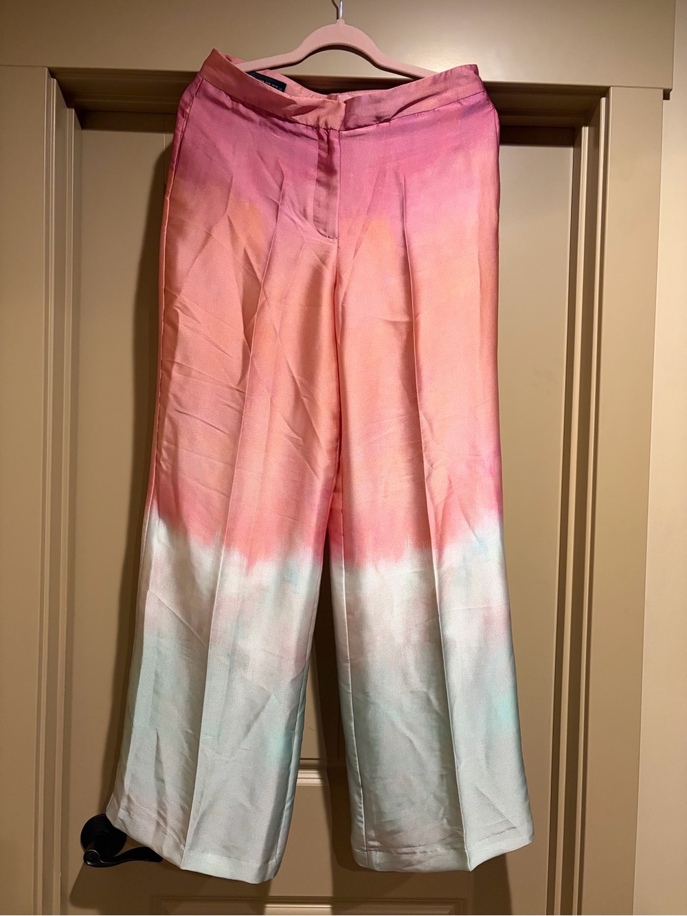 Zara Pink/Orange Ombre Tie-Dye Satin Effect Wide-Leg Pants Size Medium